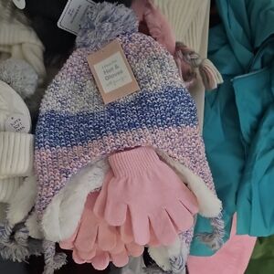 Kids Pink and Blue Knit Hat and Gloves Set